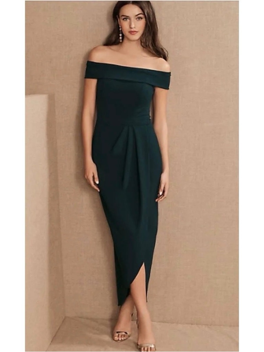 BHLDN Off-Shoulder Emerald Green Midi Dress